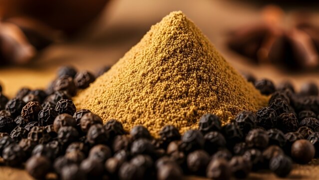 Pile of ground spice powder surrounded by black peppercorns - Powered by Adobe