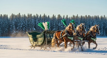 Majestic Horses Sleigh Ride Across Winter Snowscape