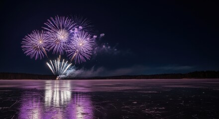 Purple Fireworks Reflecting Over Frozen Lake