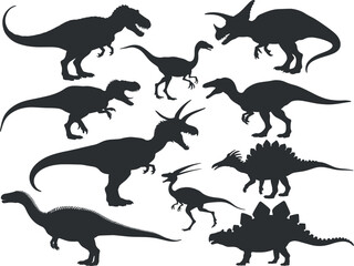 Collection of Prehistoric Dinosaur Silhouettes Featuring Extinct Mesozoic Creatures