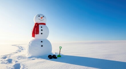 Solitary Snowman Under Bright Blue Winter Sky