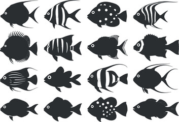 Fish Silhouettes Vector Set of Marine and Tropical Sea Animals