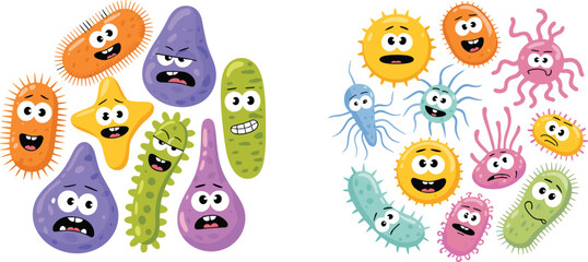 Cute colorful bacteria and virus cartoon characters illustration, funny germs and microbes with expressions, science biology education concept background