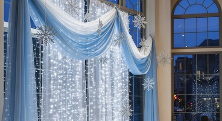 Winter Elegance: Snowflakes, Lights, and Blue Drapery
