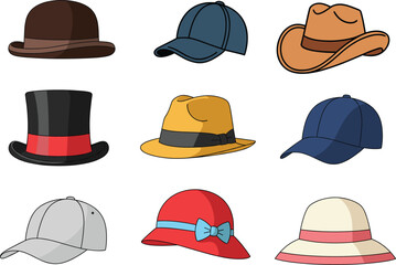 Diverse collection of hats including bowler, top hat, baseball caps, cowboy, and fedora, representing fashion, accessory, style, headwear, and apparel set vector illustration.