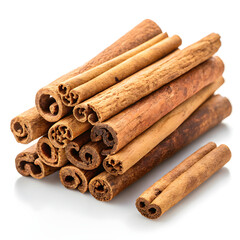 Pile of Aromatic Cinnamon Sticks on White Background