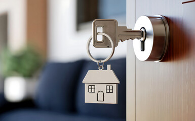 A silver key with a houseshaped keychain inserted into a door lock, symbolizing home ownership, real estate, new beginnings, and access to a property