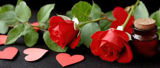 Rose oil bottle with red roses and heart-shaped confetti on a dark surface creates a romantic ambiance for special occasions or gifting ideas