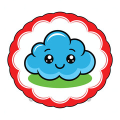 Cute kawaii blue cloud cartoon illustration with smiling face, adorable weather character design, cheerful children artwork on polka dot background