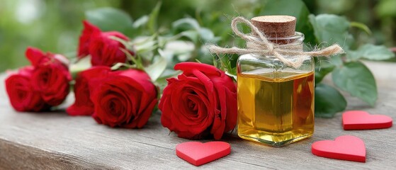 Beautiful bottle of rose oil placed among red roses and heart decorations creates a romantic atmosphere for relaxation and self-care