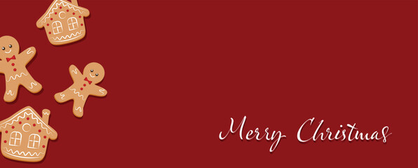 Merry Christmas banner, cards or background, design template. Homemade gingerbread man cookie theme concept, holiday fair and sale. Vector illustration.