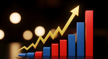 Golden arrow graph showing upward trend over colorful bar chart against blurred lights background