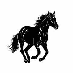 Elegant black horse galloping gracefully across a pristine white background.