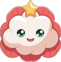 Cute kawaii cartoon cloud face with star decoration, adorable smiling character illustration, colorful children design, cheerful emoji style artwork