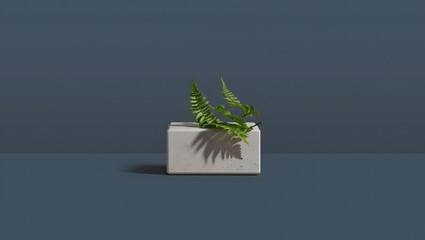 Small green succulent plant in a white cube pot on a blue surface