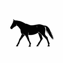Elegant black horse silhouette walking gracefully across a plain background.