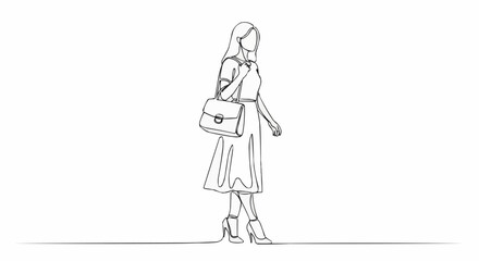 Elegant woman with handbag in a minimalist single line art style.
