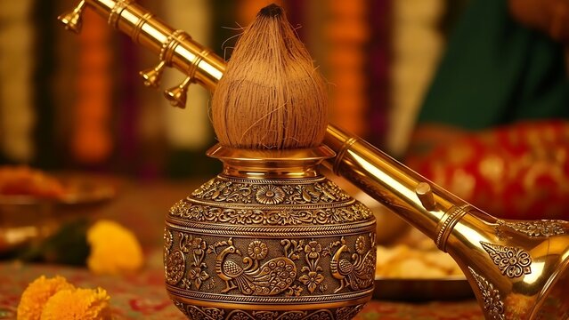 A closeup shot of a traditional indian kalash with a coconut on top and a golden shehnai, symbolizing auspiciousness and celebration in a festive setting