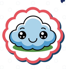 Cute kawaii blue cloud cartoon illustration with smiling face, adorable weather character design, cheerful children artwork on polka dot background