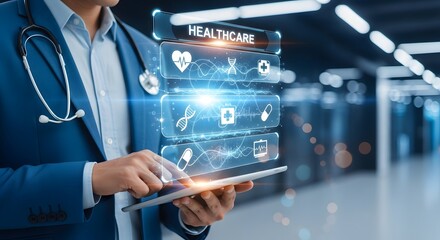 Illustration of a doctor in a blue suit is using a digital tablet with a healthcare interface, showcasing medical icons and technology for modern medicine
