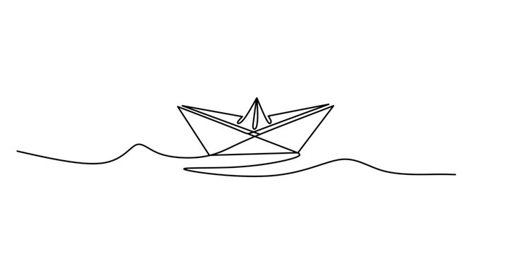 One continuous line drawing of paper boat. Origami ship concept. Paper boat in the sea one line art drawing.