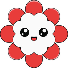 Cute kawaii flower cartoon character with red petals and smiling face, adorable floral illustration, cheerful kids artwork, colorful decorative background