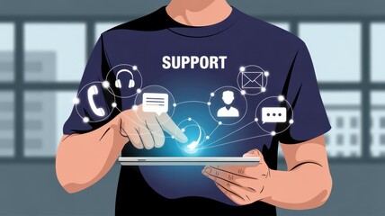 Digital Assistance: A close-up view of a person using a tablet, with the word SUPPORT emblazoned across his shirt, surrounded by digital service icons