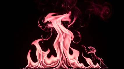 Vibrant red and pink flames dance intensely against a stark black background, creating a dramatic and captivating visual display of heat and energy