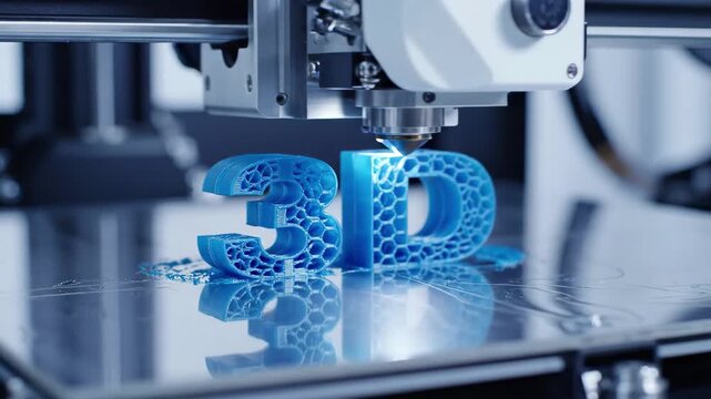 Closeup of a 3d printer creating blue 3d text with a honeycomb structure on a reflective surface