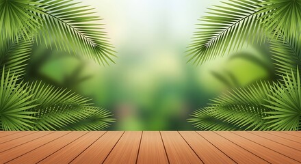 Vibrant tropical paradise scene featuring natural green palm foliage and a textured wooden surface, ideal for showcasing products or a serene atmosphere