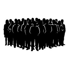 Black silhouette of a diverse group of people standing together on a white background crowd