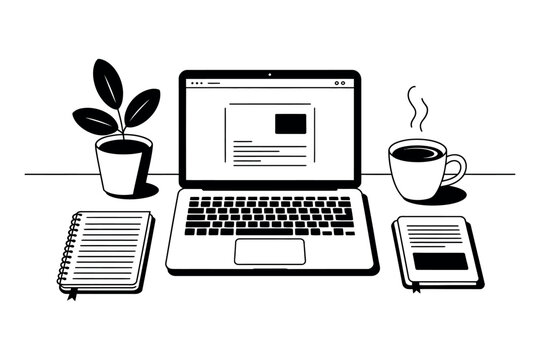 A laptop, notebook, plant and coffee cup are arranged on a desk.