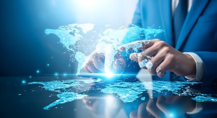 Illustration of a businessman in a blue suit interacts with a digital world map projected onto a reflective surface, highlighting global business and technology