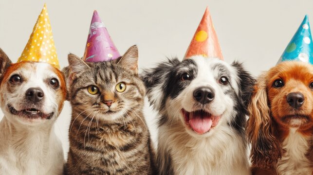 Four pets, including dogs and a cat, gather in celebration, wearing colorful party hats. Their joyful expressions create a lively atmosphere perfect for a birthday party.