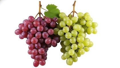 Two bunches of fresh ripe red and green grapes hanging from stems with a single green leaf against a white background