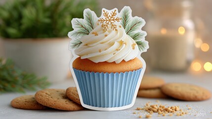 Christmas cupcake sticker with winter holiday decoration, copy space