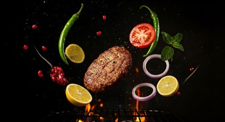 Deliciously seasoned grilled meat patty with fresh vegetables and citrus fruits in a dynamic culinary explosion