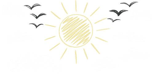 Hand drawn chalk style sunny sky illustration with bright yellow sun, flying black birds, and fluffy white clouds on blue background