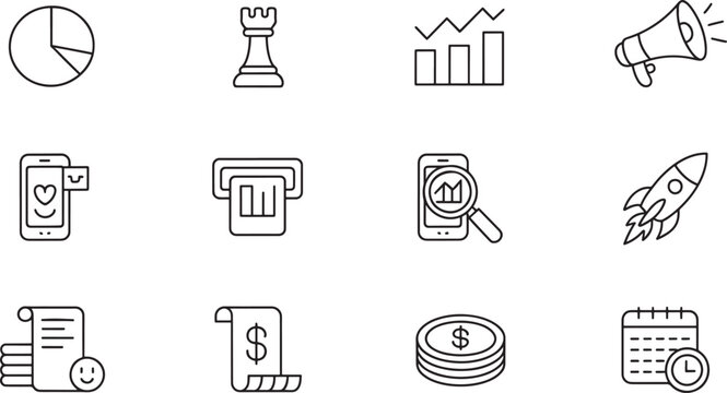 Business and finance icons pie chart chess piece bar graph megaphone Keywords: business, finance, pie