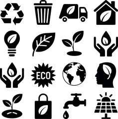 Collection of black environmental and eco friendly icons