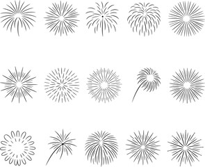Collection of black line art fireworks bursts on white