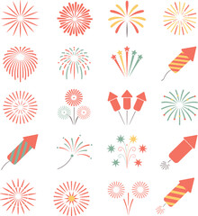 Collection of Coral Yellow and Teal Fireworks and Rockets