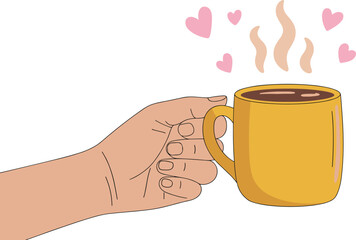 Hand holding yellow coffee mug with rising steam and floating hearts, warm cozy morning drink illustration,