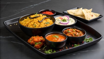 A delicious indian thali feast showcasing aromatic rice savory curries refreshing raita and crispy naan bread