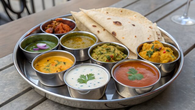 A vibrant indian thali feast showcasing a diverse array of flavorful curries accompanied by soft roti bread