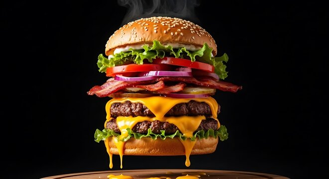Delicious double cheeseburger with bacon and fresh lettuce stacked high on a sesame seed bun against a dark background