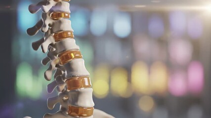 3d rendering of a human spine with healthy intervertebral discs against a blurred, colorful background