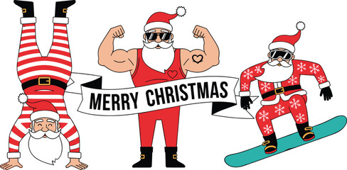 Strong, fit Santa Claus character doing a handstand, showing muscles, and snowboarding with "Merry Christmas" banner, funny holiday gym vector.