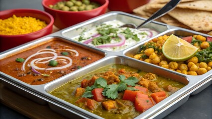 A vibrant and flavorful indian thali meal featuring a variety of delicious curries rice and accompaniments served in a traditional metal platter