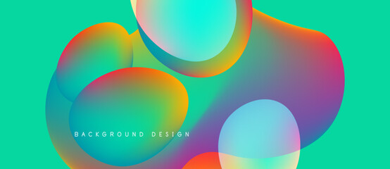 Vibrant fluid shapes overlap, creating colorful abstract background. Turquoise, orange, purple hues blend seamlessly. Modern design element.